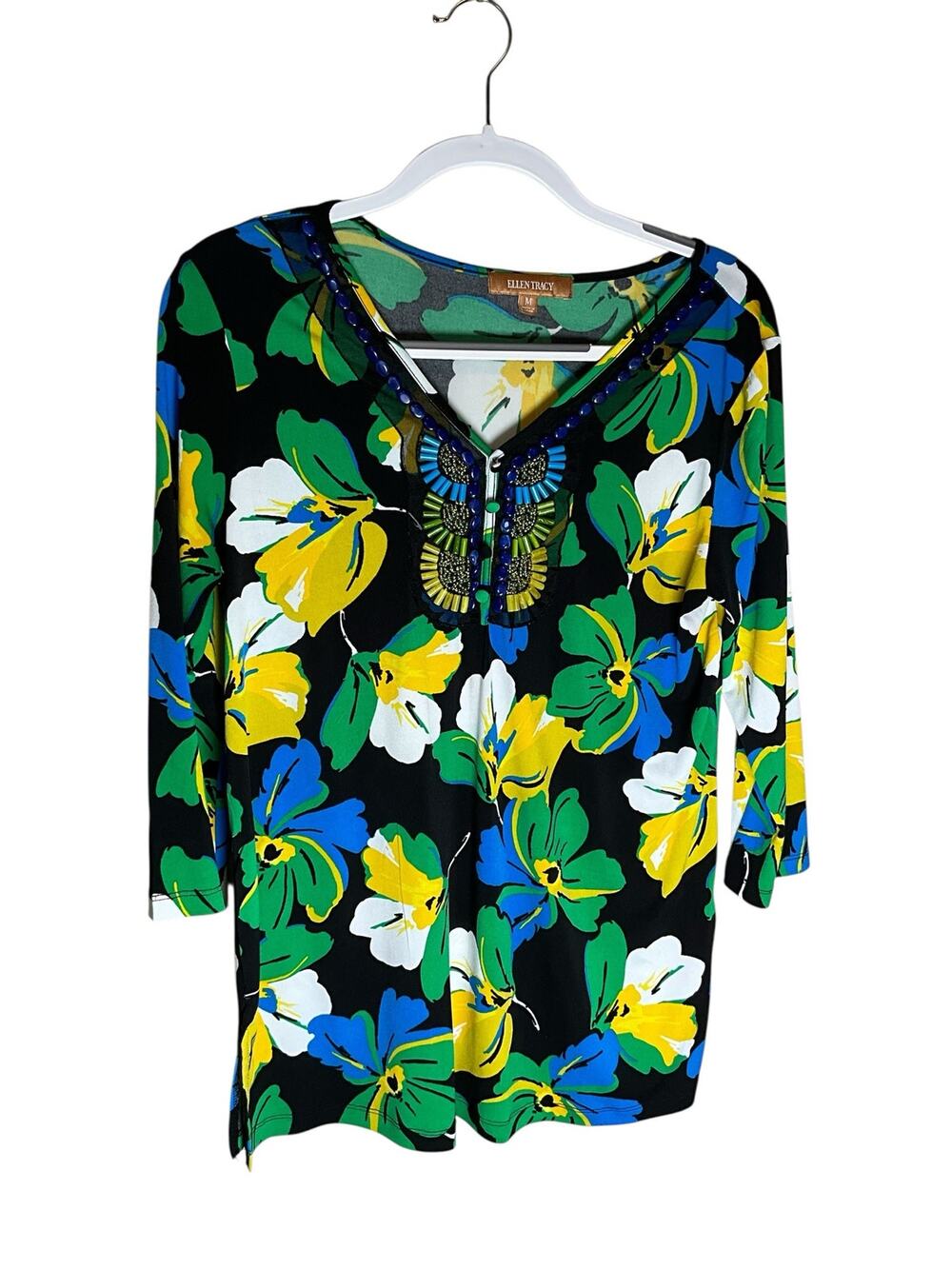 Ellen Tracy Blouse Top Womens Medium Green Floral Print Beaded V Neck Pullover